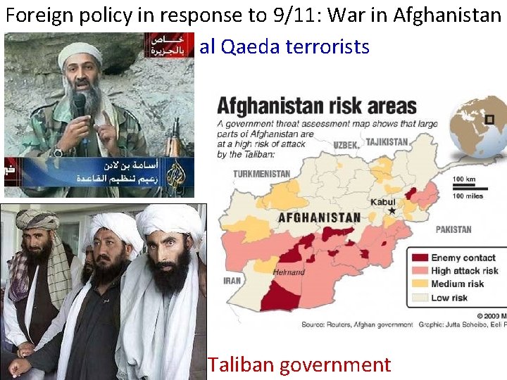 Foreign policy in response to 9/11: War in Afghanistan al Qaeda terrorists Taliban government