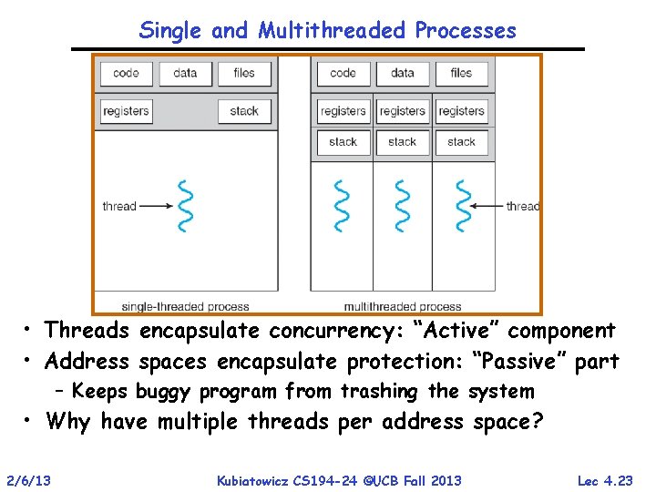 Single and Multithreaded Processes • Threads encapsulate concurrency: “Active” component • Address spaces encapsulate