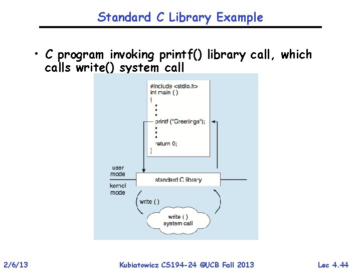 Standard C Library Example • C program invoking printf() library call, which calls write()