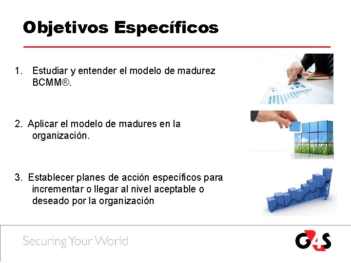 Objetivos Específicos 1. Estudiar y entender el modelo de madurez BCMM®. 2. Aplicar el Objetivos Específicos 1. Estudiar y entender el modelo de madurez BCMM®. 2. Aplicar el