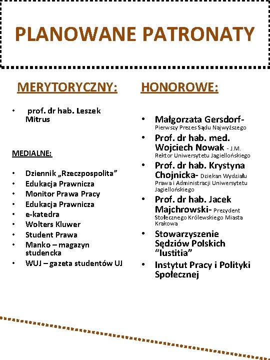 PLANOWANE PATRONATY MERYTORYCZNY: • prof. dr hab. Leszek Mitrus MEDIALNE: • • • Dziennik