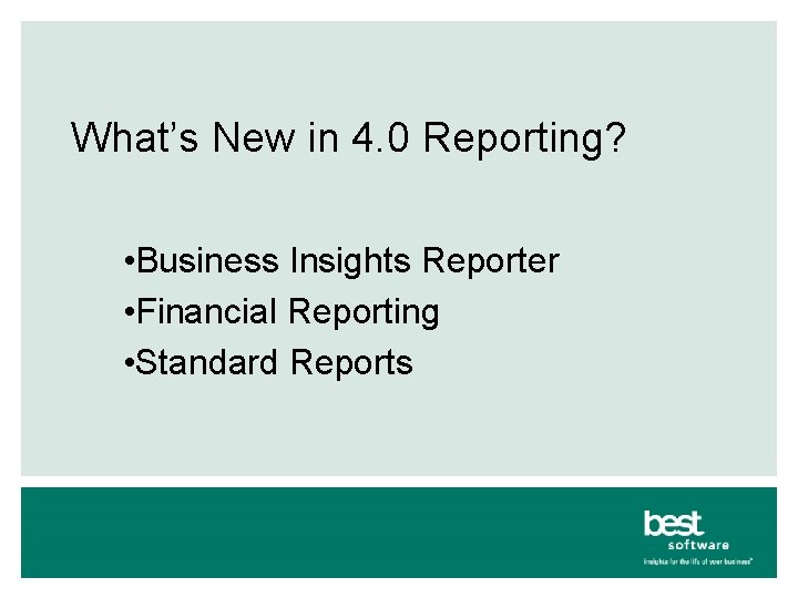 What’s New in 4. 0 Reporting? • Business Insights Reporter • Financial Reporting •