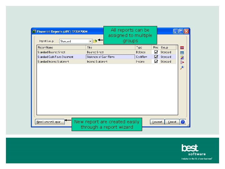 All reports can be assigned to multiple groups New report are created easily through