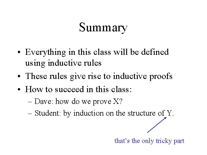 Summary • Everything in this class will be defined using inductive rules • These