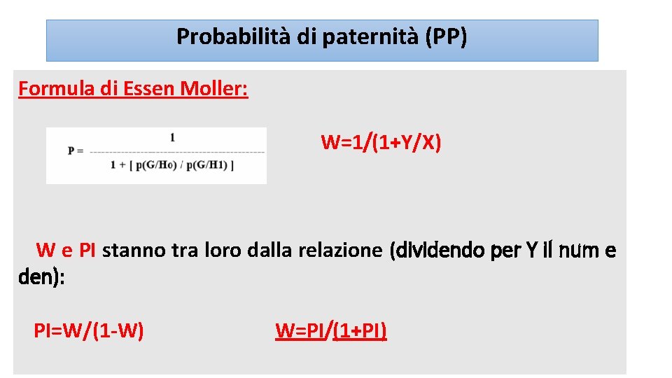 Probabilità di paternità (PP) Formula di Essen Moller: W=1/(1+Y/X) W e PI stanno tra