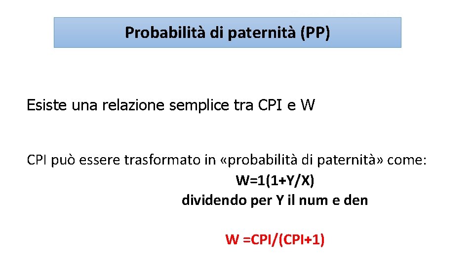 Probabilità di paternità (PP) Esiste una relazione semplice tra CPI e W CPI può