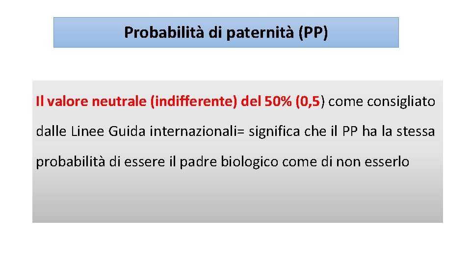 Probabilità di paternità (PP) Il valore neutrale (indifferente) del 50% (0, 5) come consigliato