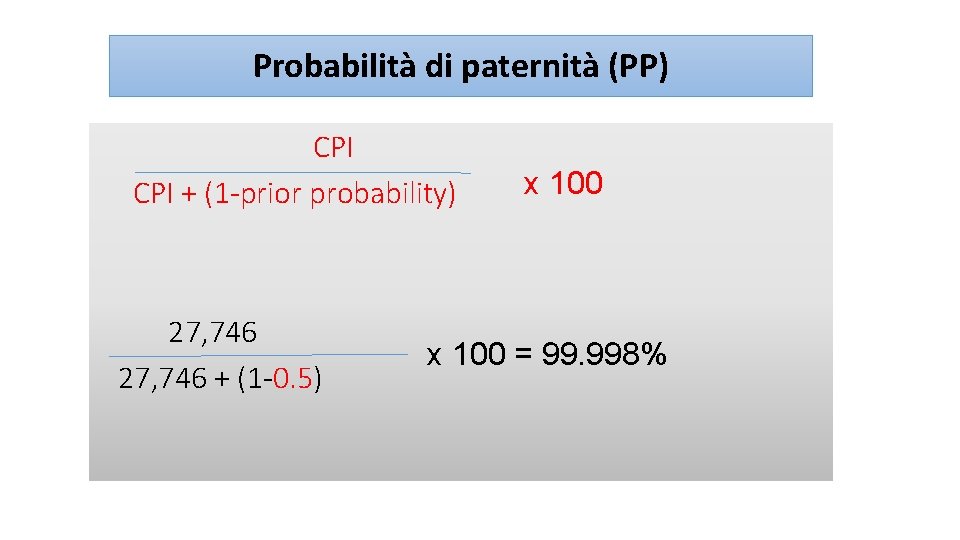 Probabilità di paternità (PP) CPI + (1 -prior probability) 27, 746 + (1 -0.