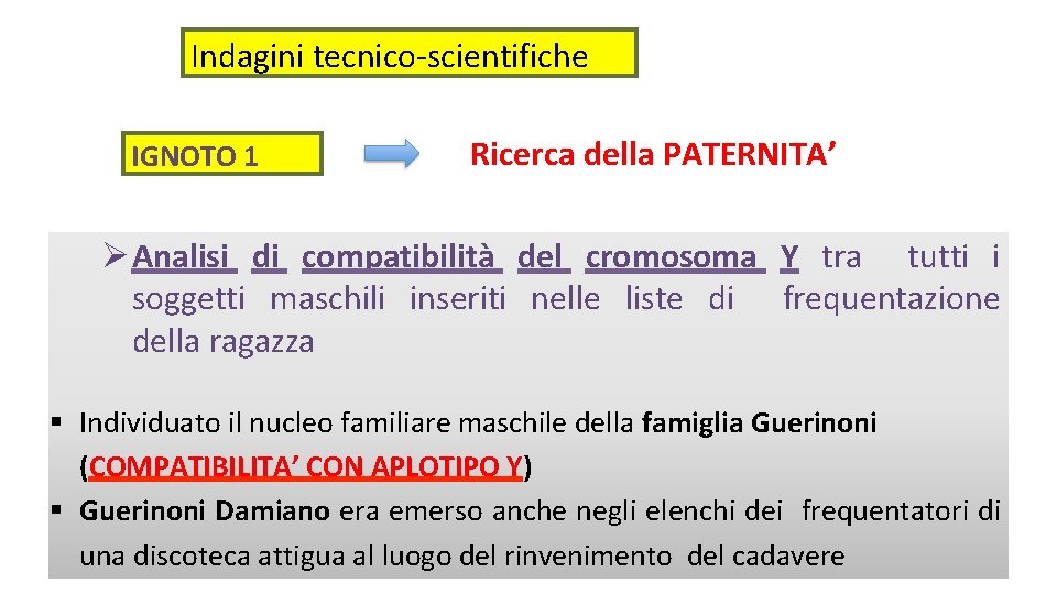 Indagini tecnico-scientifiche IGNOTO 1 Ricerca della PATERNITA’ Analisi di compatibilità del cromosoma Y tra