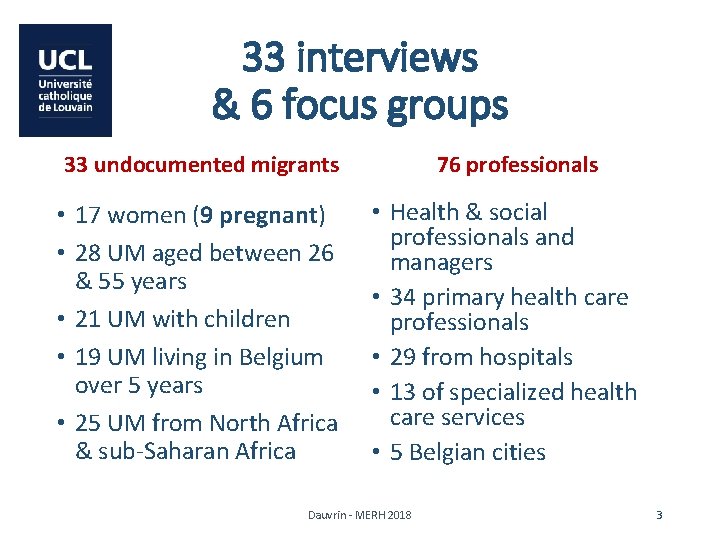 33 interviews & 6 focus groups 33 undocumented migrants • 17 women (9 pregnant)