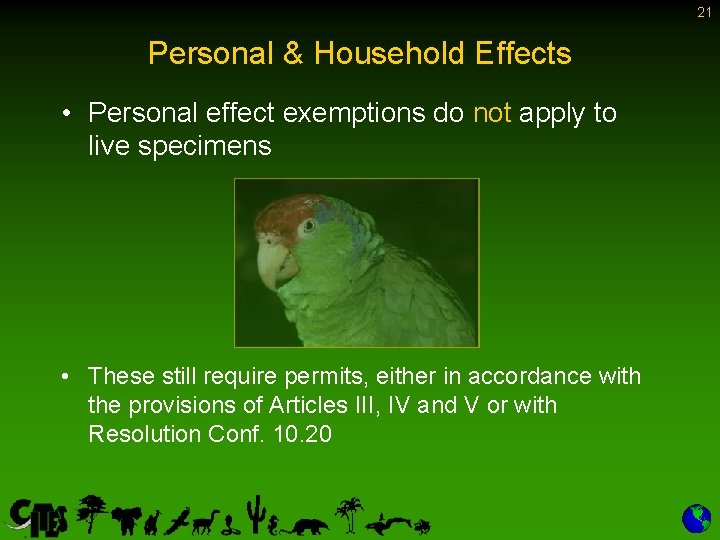 21 Personal & Household Effects • Personal effect exemptions do not apply to live