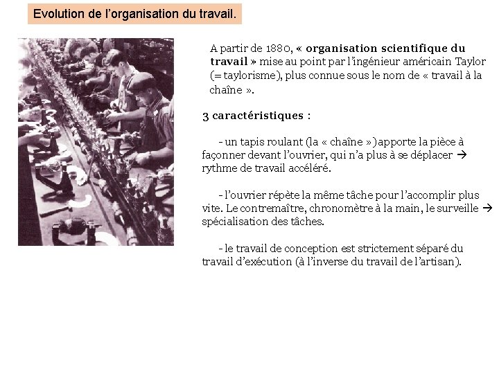 Evolution de l’organisation du travail. A partir de 1880, « organisation scientifique du travail