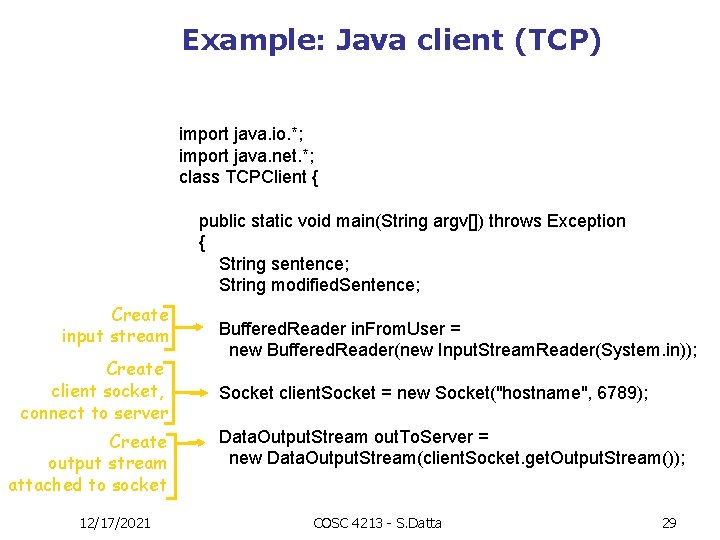 Example: Java client (TCP) import java. io. *; import java. net. *; class TCPClient