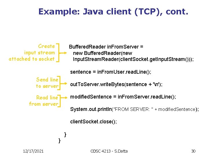 Example: Java client (TCP), cont. Create input stream attached to socket Buffered. Reader in.