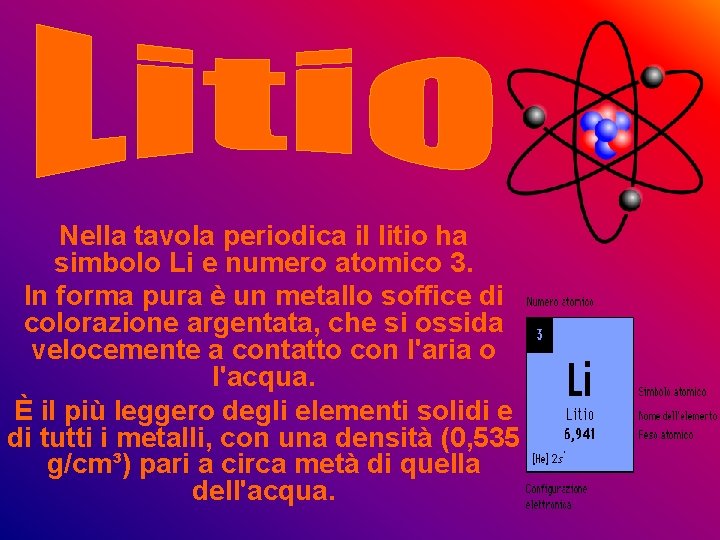 Nella tavola periodica il litio ha simbolo Li e numero atomico 3. In forma