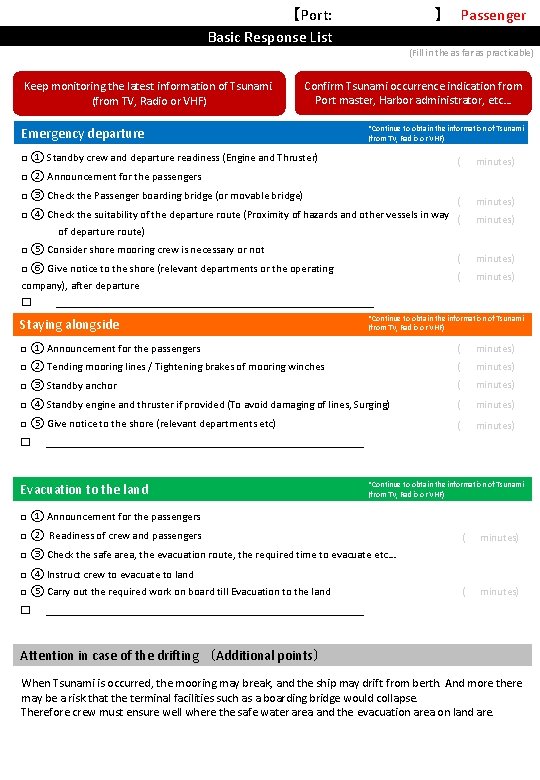 【Port: _______________________________ Basic Response List 】 Passenger Ship (Fill in the as far as