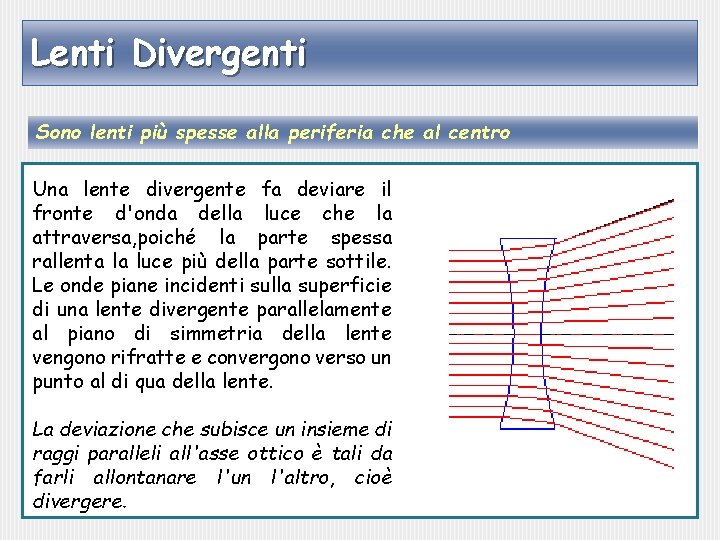 Lenti Divergenti Sono lenti più spesse alla periferia che al centro Una lente divergente
