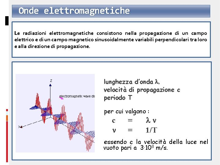 Onde elettromagnetiche Le radiazioni elettromagnetiche consistono nella propagazione di un campo elettrico e di