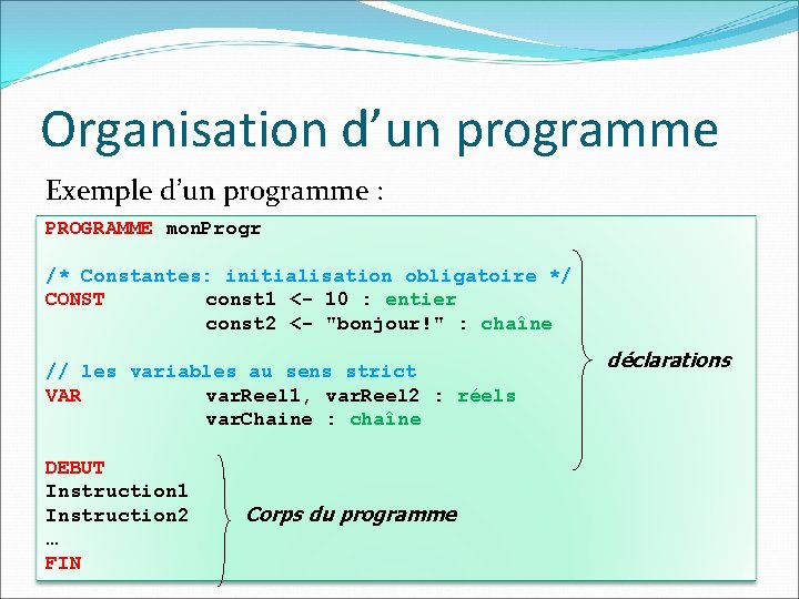 Organisation d’un programme Exemple d’un programme : PROGRAMME mon. Progr /* Constantes: initialisation obligatoire