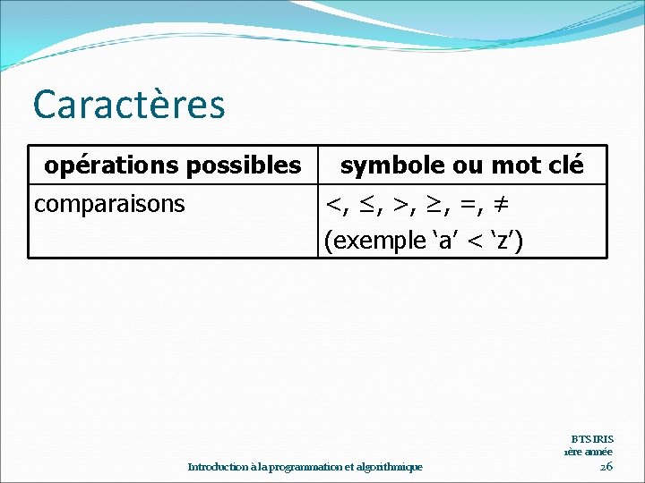 Caractères opérations possibles comparaisons symbole ou mot clé <, ≤, >, ≥, =, ≠