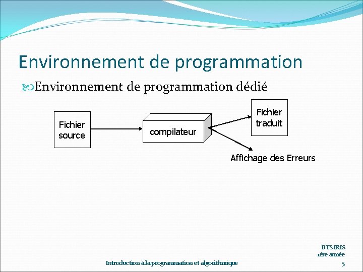 Environnement de programmation dédié Fichier source Fichier traduit compilateur Affichage des Erreurs BTS IRIS