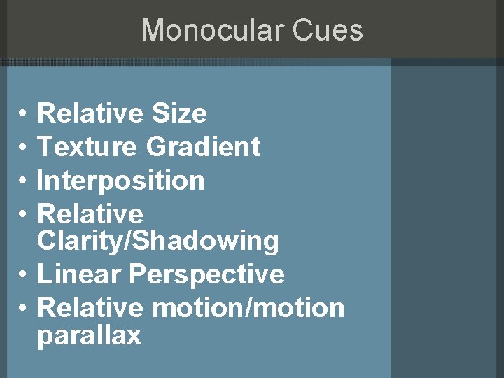 Monocular Cues • • Relative Size Texture Gradient Interposition Relative Clarity/Shadowing • Linear Perspective