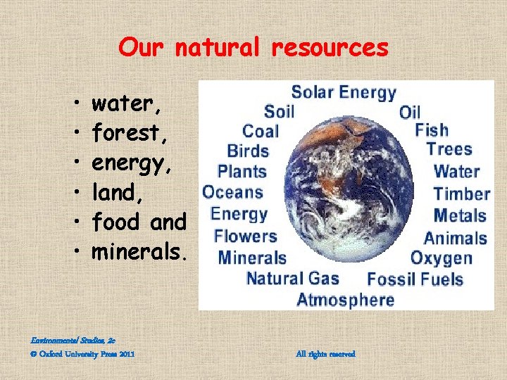 Our natural resources • • • water, forest, energy, land, food and minerals. Environmental Our natural resources • • • water, forest, energy, land, food and minerals. Environmental
