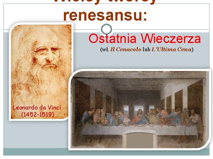 Wielcy twórcy renesansu: Ostatnia Wieczerza (wł. Il Cenacolo lub L'Ultima Cena) Leonardo da Vinci