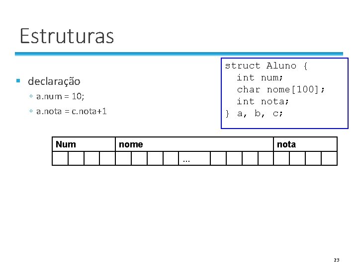 Estruturas struct Aluno { int num; char nome[100]; int nota; } a, b, c;