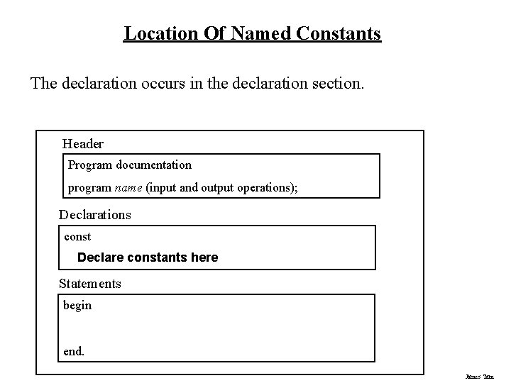 Location Of Named Constants The declaration occurs in the declaration section. Header Program documentation