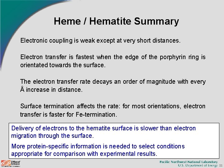 Heme / Hematite Summary Electronic coupling is weak except at very short distances. Electron Heme / Hematite Summary Electronic coupling is weak except at very short distances. Electron