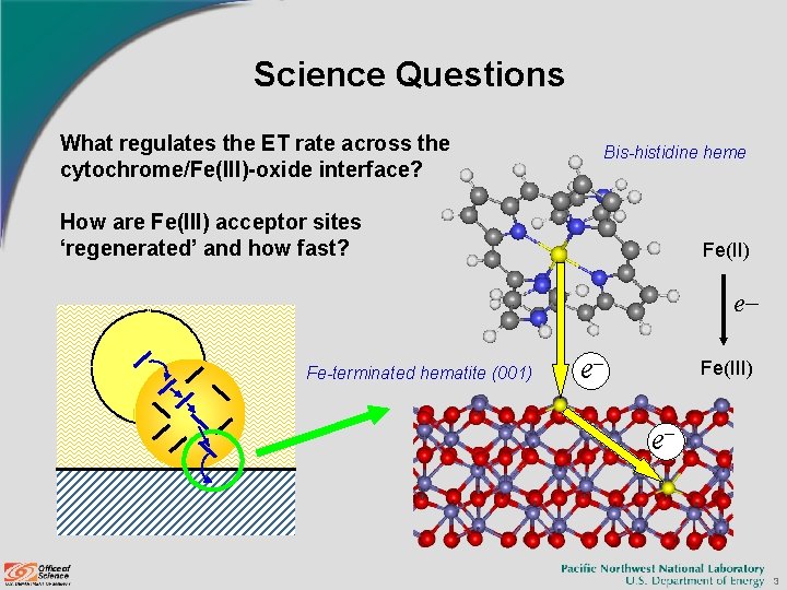 Science Questions What regulates the ET rate across the cytochrome/Fe(III)-oxide interface? Bis-histidine heme How Science Questions What regulates the ET rate across the cytochrome/Fe(III)-oxide interface? Bis-histidine heme How