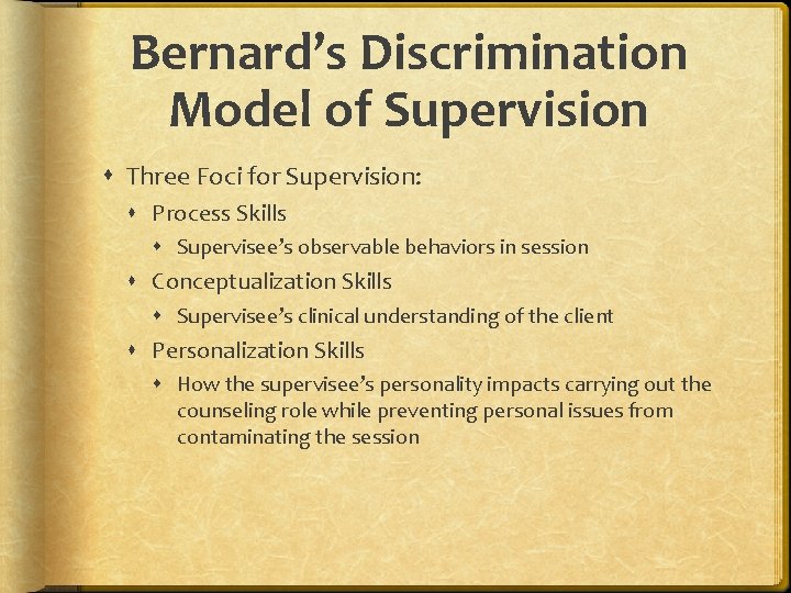 Bernard’s Discrimination Model of Supervision Three Foci for Supervision: Process Skills Supervisee’s observable behaviors