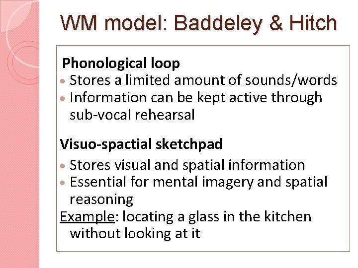 WM model: Baddeley & Hitch Phonological loop Stores a limited amount of sounds/words Information