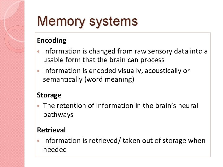 Memory systems Encoding Information is changed from raw sensory data into a usable form