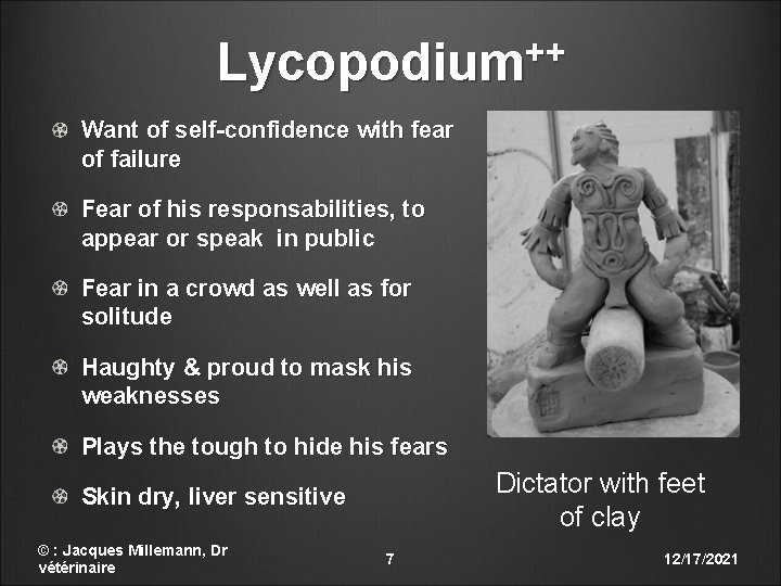 ++ Lycopodium Want of self-confidence with fear of failure Fear of his responsabilities, to