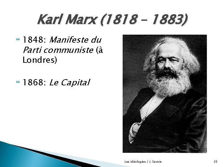 Karl Marx (1818 – 1883) 1848: Manifeste du Parti communiste (à Londres) 1868: Le