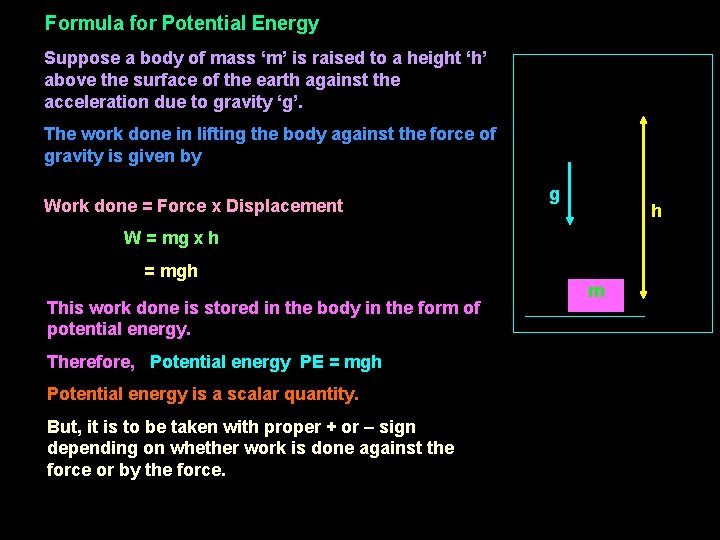 Formula for Potential Energy Suppose a body of mass ‘m’ is raised to a