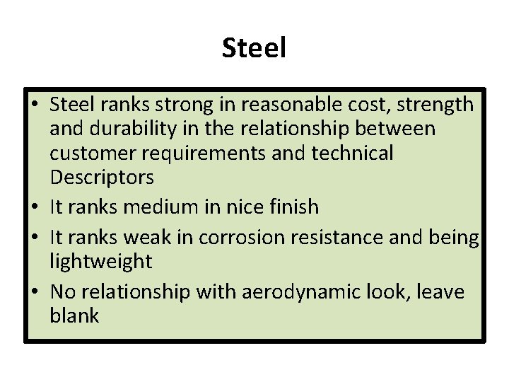 Steel • Steel ranks strong in reasonable cost, strength and durability in the relationship