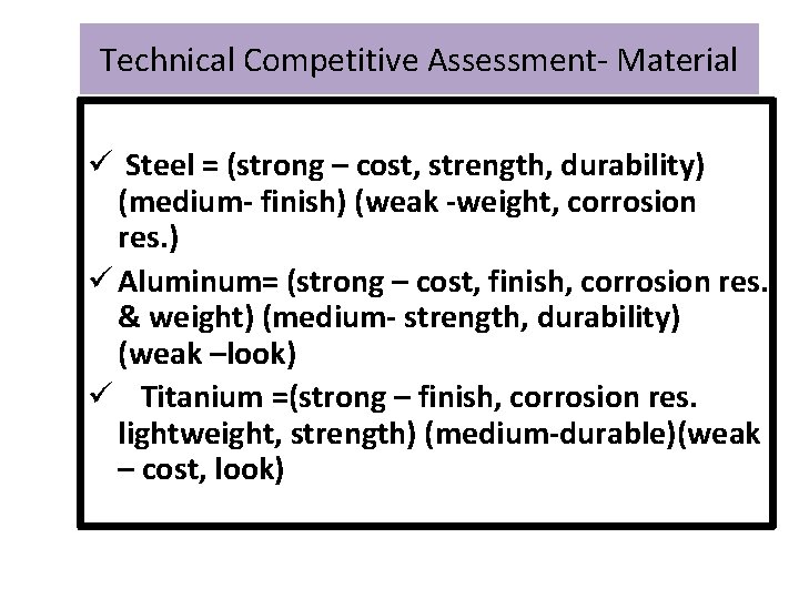 Technical Competitive Assessment- Material ü Steel = (strong – cost, strength, durability) (medium- finish)