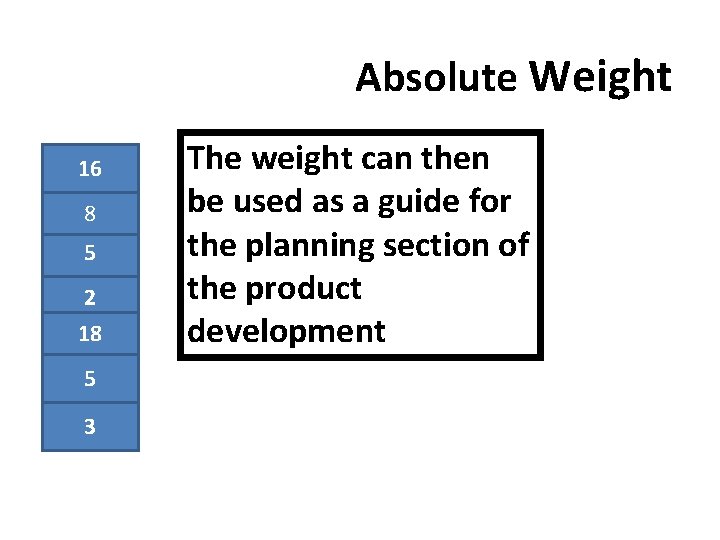 Absolute Weight 16 8 5 2 18 5 3 The weight can then be