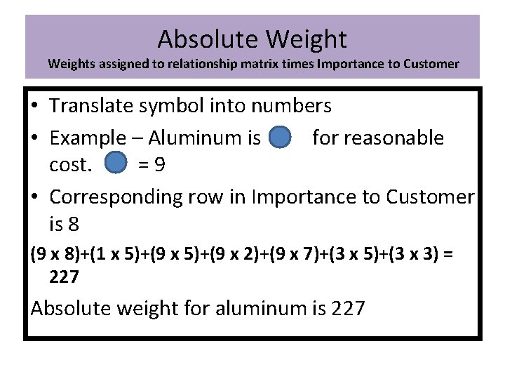 Absolute Weights assigned to relationship matrix times Importance to Customer • Translate symbol into