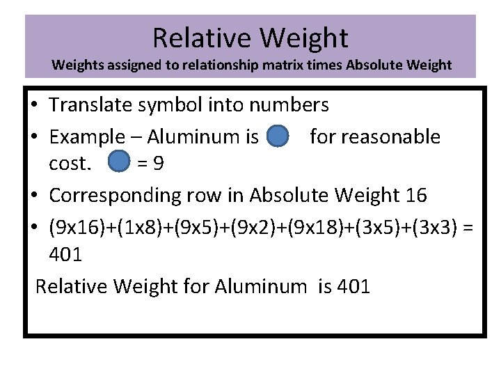 Relative Weights assigned to relationship matrix times Absolute Weight • Translate symbol into numbers