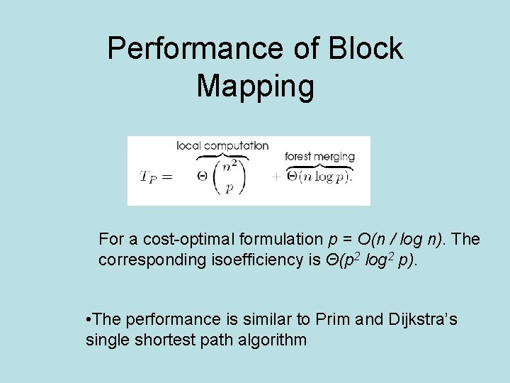 Performance of Block Mapping For a cost-optimal formulation p = O(n / log n).