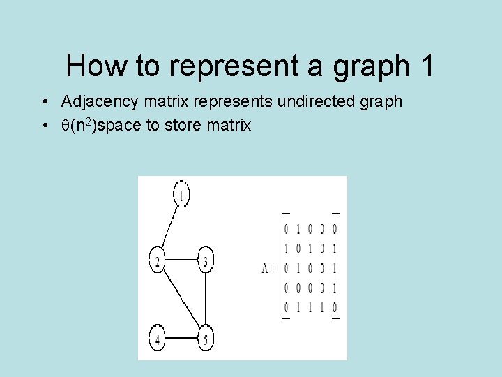 How to represent a graph 1 • Adjacency matrix represents undirected graph • (n