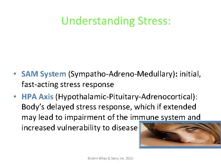 Understanding Stress: • SAM System (Sympatho-Adreno-Medullary): initial, fast-acting stress response • HPA Axis (Hypothalamic-Pituitary-Adrenocortical):