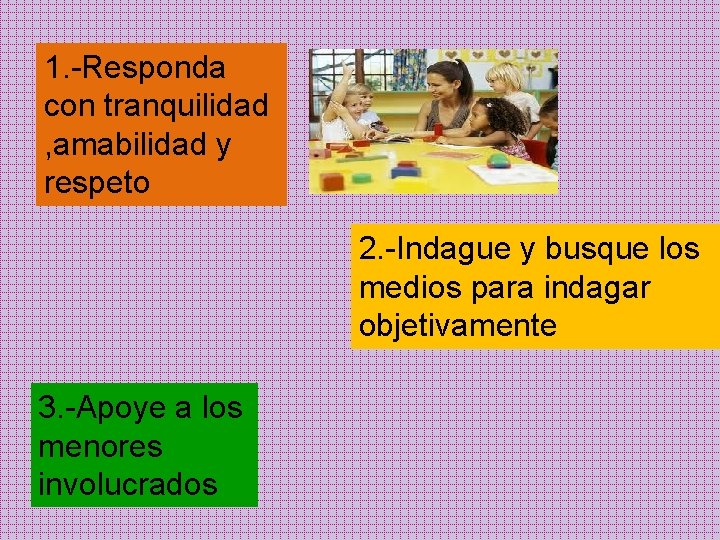 1. -Responda con tranquilidad , amabilidad y respeto 2. -Indague y busque los medios