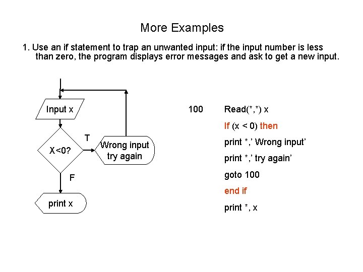 More Examples 1. Use an if statement to trap an unwanted input: if the