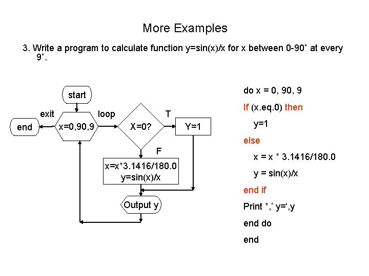 More Examples 3. Write a program to calculate function y=sin(x)/x for x between 0