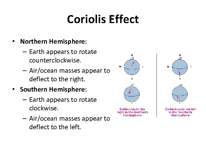 Coriolis Effect • Northern Hemisphere: – Earth appears to rotate counterclockwise. – Air/ocean masses